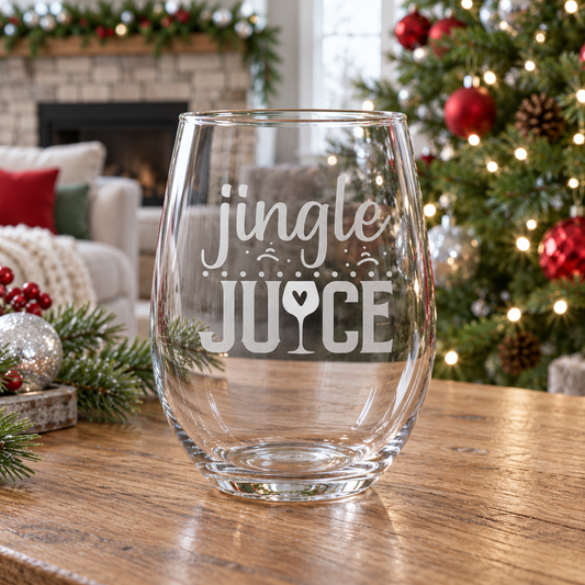 Sassy Jingle Juice Sandblasted Stemless Wine Glass by Expressive DeZien with permanent sandblasted artwork