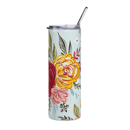 20oz Stainless Steel Skinny Tumbler Light Blue Red Yellow Rose - Expressive DeZien 