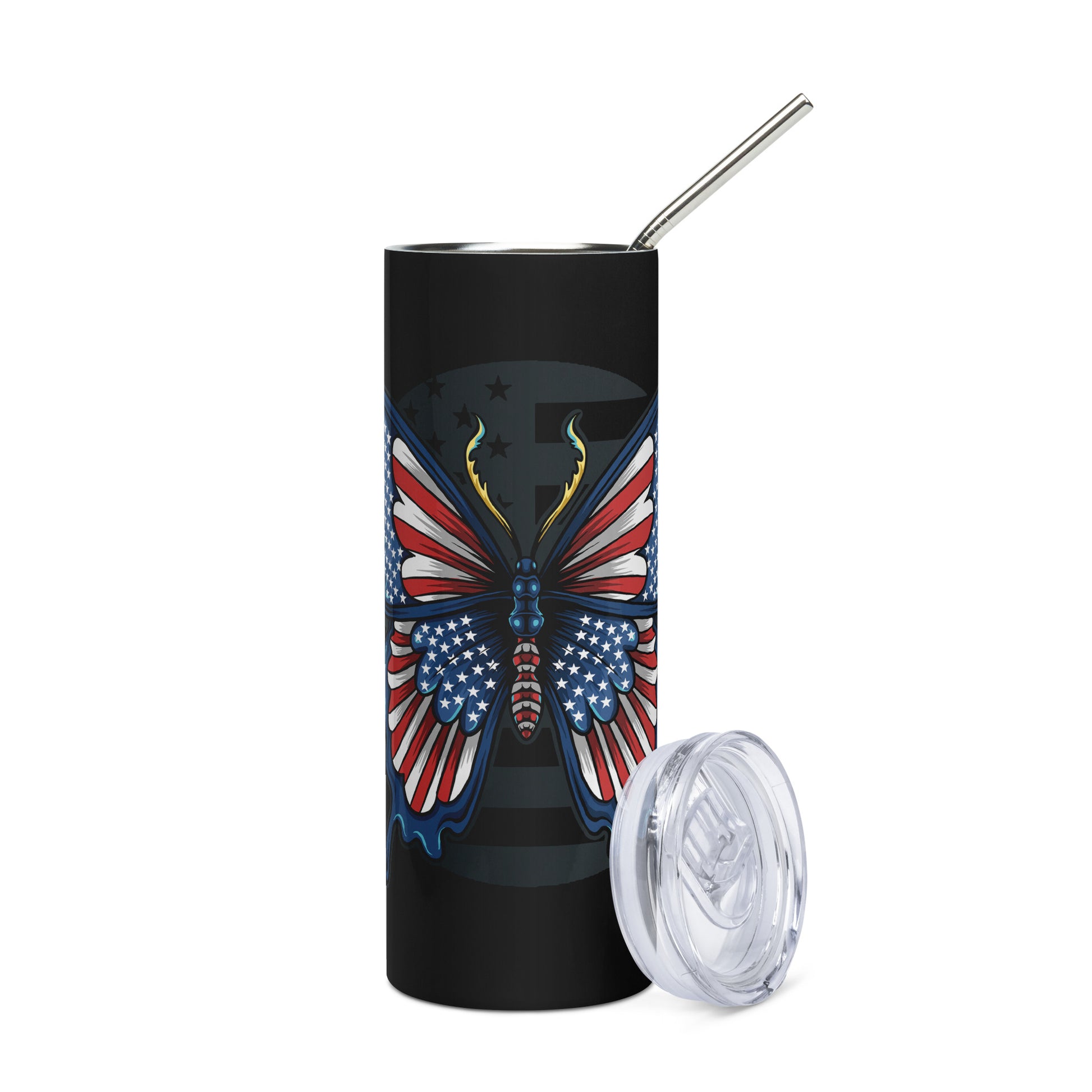 20oz Stainless Steel Skinny Tumbler Red White Blue Butterfly - Expressive DeZien 