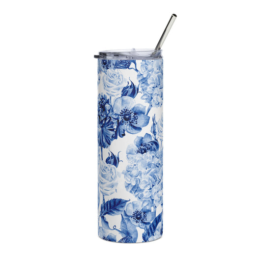 20oz Stainless Steel Skinny Tumbler Blue Watercolor Flowers - Expressive DeZien 