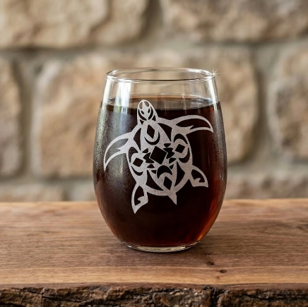 Deep carved Tribal Turtle sandblasted design on a 20.5oz stemless wine glass with dark beverage