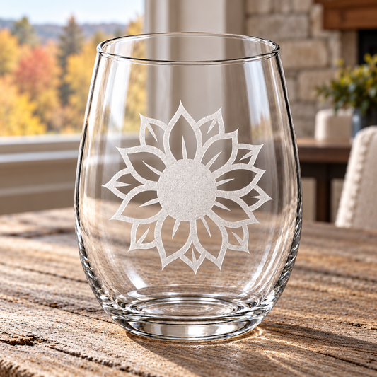 Sunflower Etched Stemless Wine Glass by Expressive DeZien with permanent sandblasted artwork