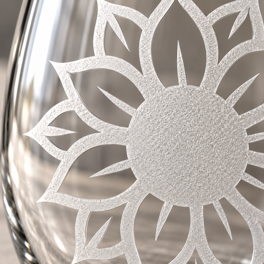 Sunflower Etched Stemless Wine Glass by Expressive DeZien with permanent sandblasted artwork