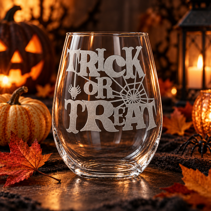 Trick or Treat Etched Stemless Wine Glass by Expressive DeZien with permanent sandblasted artwork