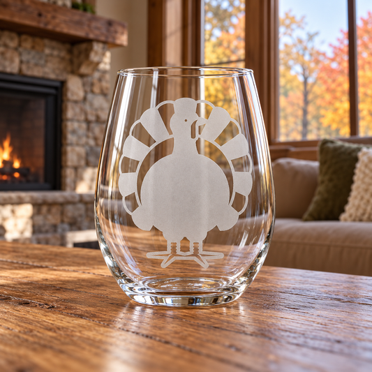 Turkey Etched Stemless Wine Glass by Expressive DeZien with permanent sandblasted artwork