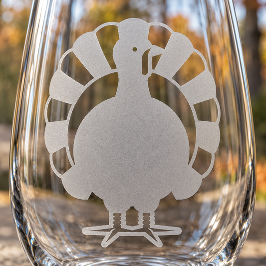 Turkey Etched Stemless Wine Glass by Expressive DeZien with permanent sandblasted artwork