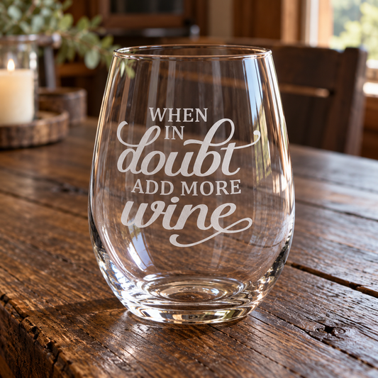 When in Doubt Add More Wine Sandblasted Stemless Wine Glass by Expressive DeZien with permanent sandblasted artwork