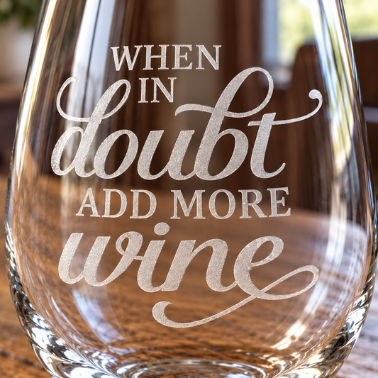 When in Doubt Add More Wine Sandblasted Stemless Wine Glass by Expressive DeZien with permanent sandblasted artwork