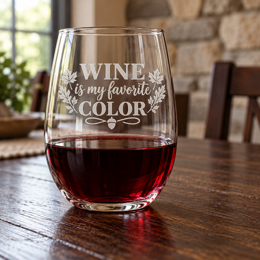 Wine Is My Favorite Color Etched Stemless Wine Glass by Expressive DeZien with permanent sandblasted artwork