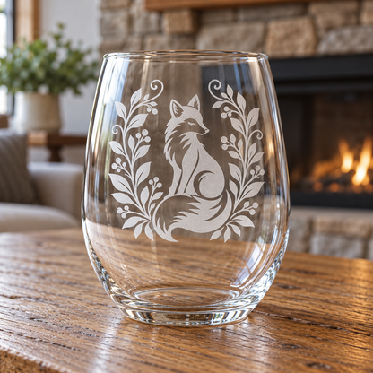 Woodland Fox Etched Stemless Wine Glass by Expressive DeZien with permanent sandblasted artwork
