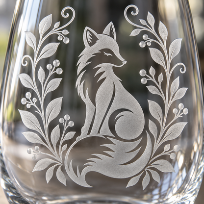 Woodland Fox Etched Stemless Wine Glass by Expressive DeZien with permanent sandblasted artwork