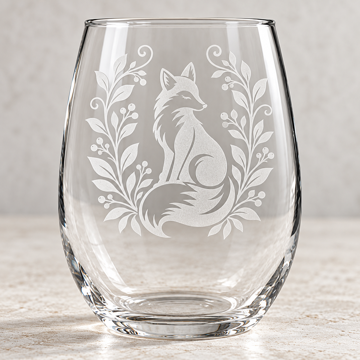 Woodland Fox Etched Stemless Wine Glass by Expressive DeZien with permanent sandblasted artwork