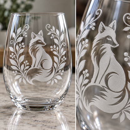 Woodland Fox Etched Stemless Wine Glass by Expressive DeZien with permanent sandblasted artwork