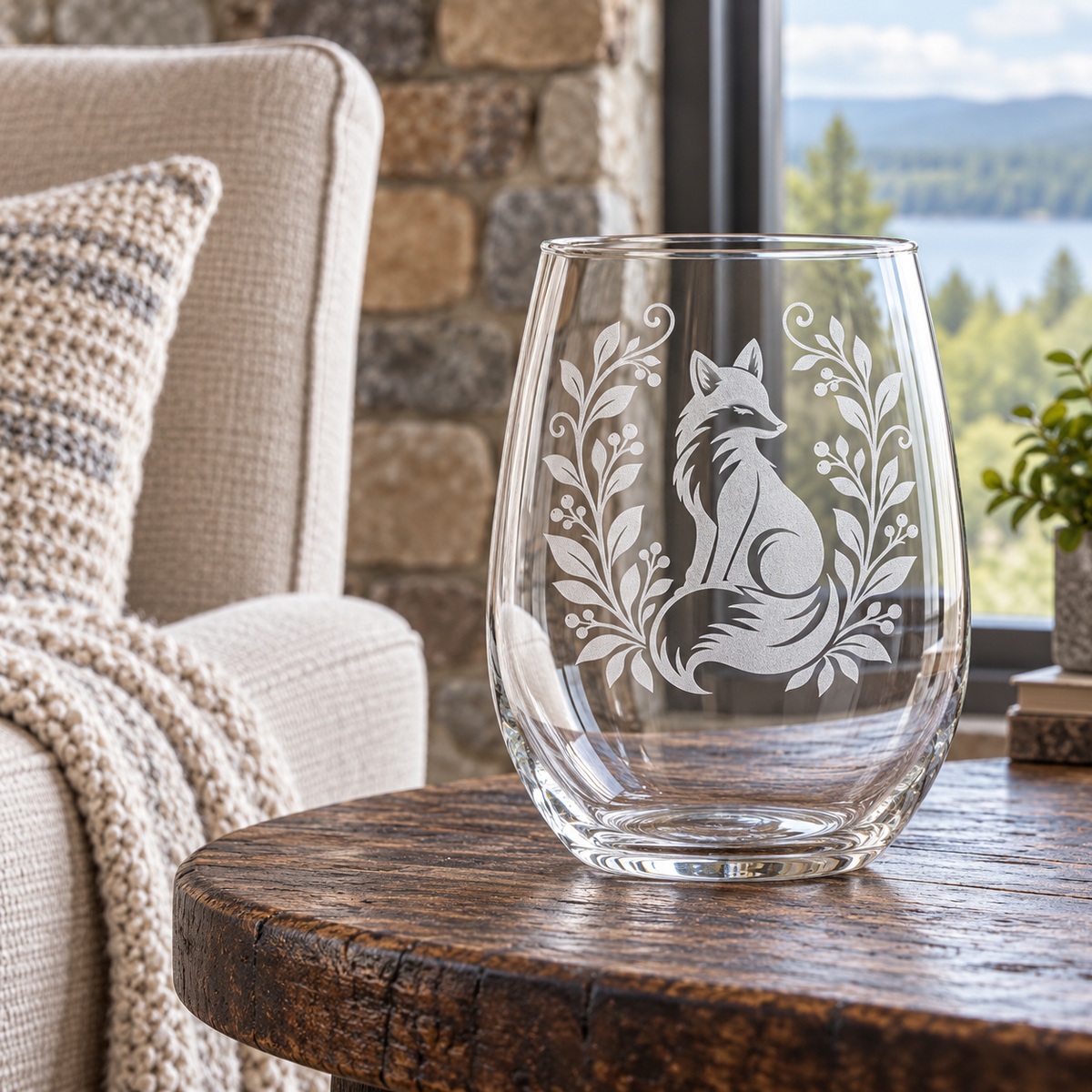 Woodland Fox Etched Stemless Wine Glass by Expressive DeZien with permanent sandblasted artwork