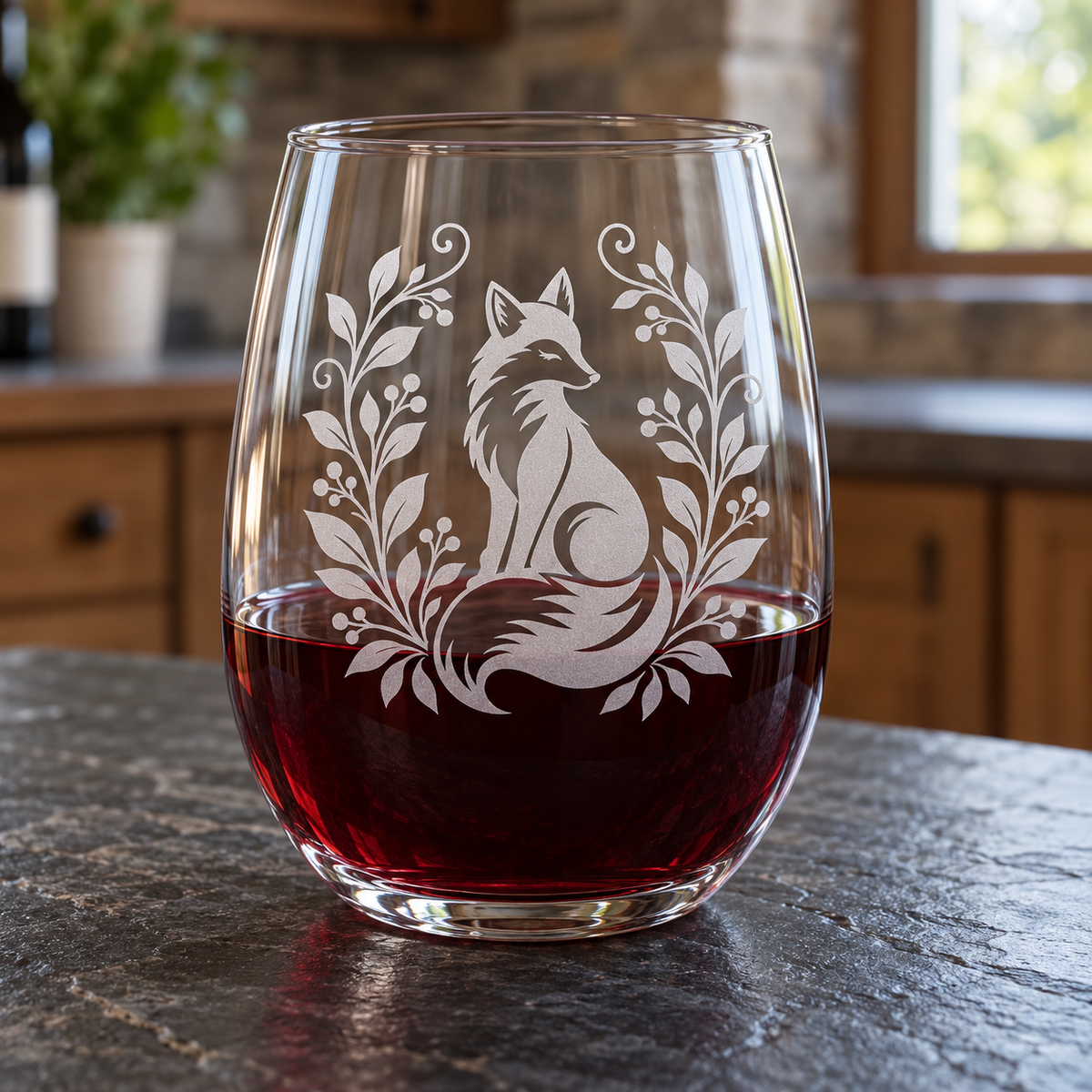 Woodland Fox Etched Stemless Wine Glass by Expressive DeZien with permanent sandblasted artwork