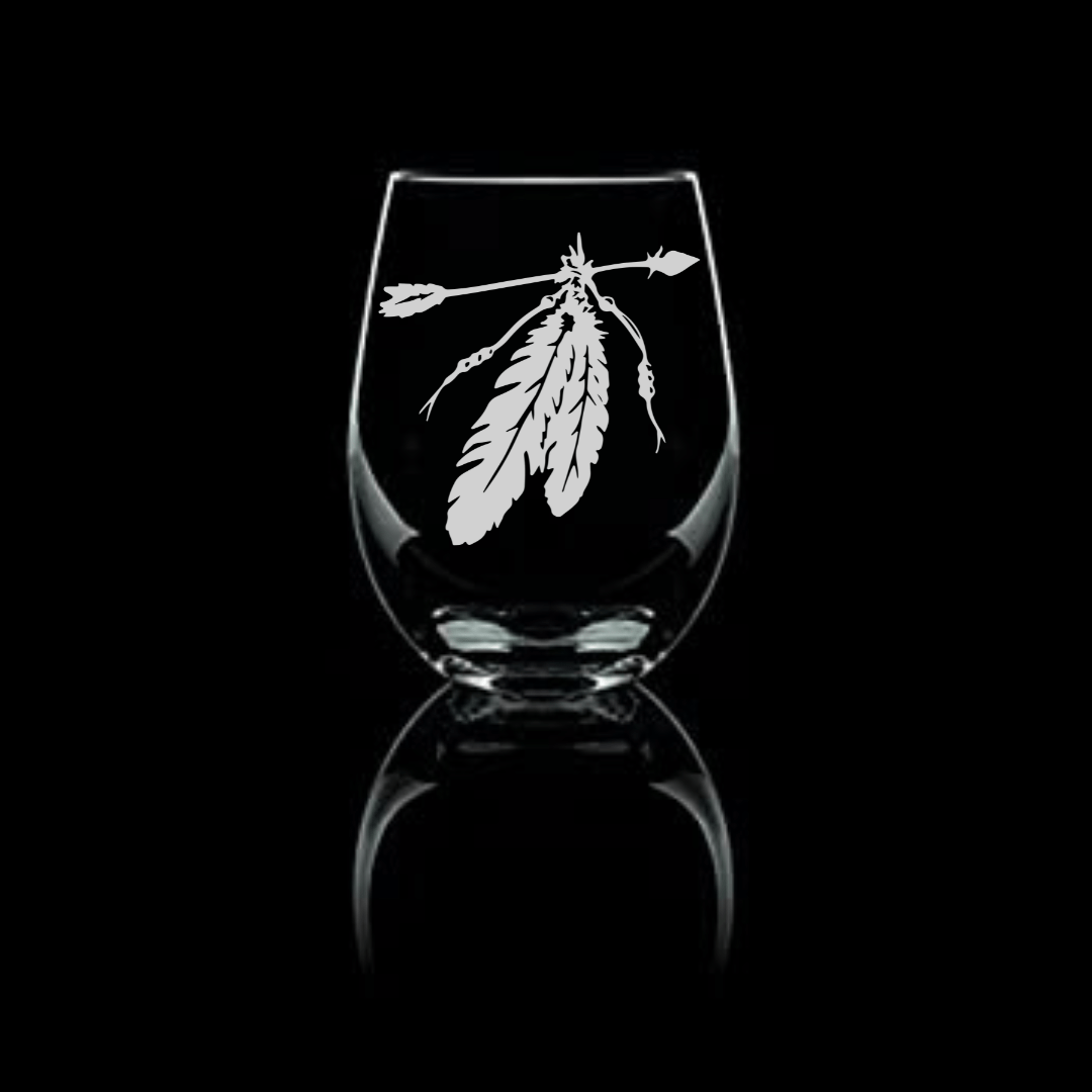 Two Feathers Sandblast Etched Stemless Wine Glass, 20.5oz - Unique Handmade Glassware - Expressive DeZien 