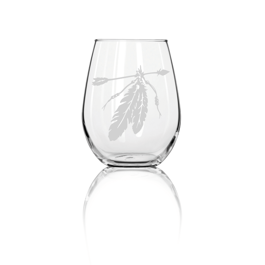 Two Feathers Sandblast Etched Stemless Wine Glass, 20.5oz - Unique Handmade Glassware - Expressive DeZien 