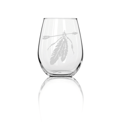 Two Feathers Sandblast Etched Stemless Wine Glass, 20.5oz - Unique Handmade Glassware - Expressive DeZien 