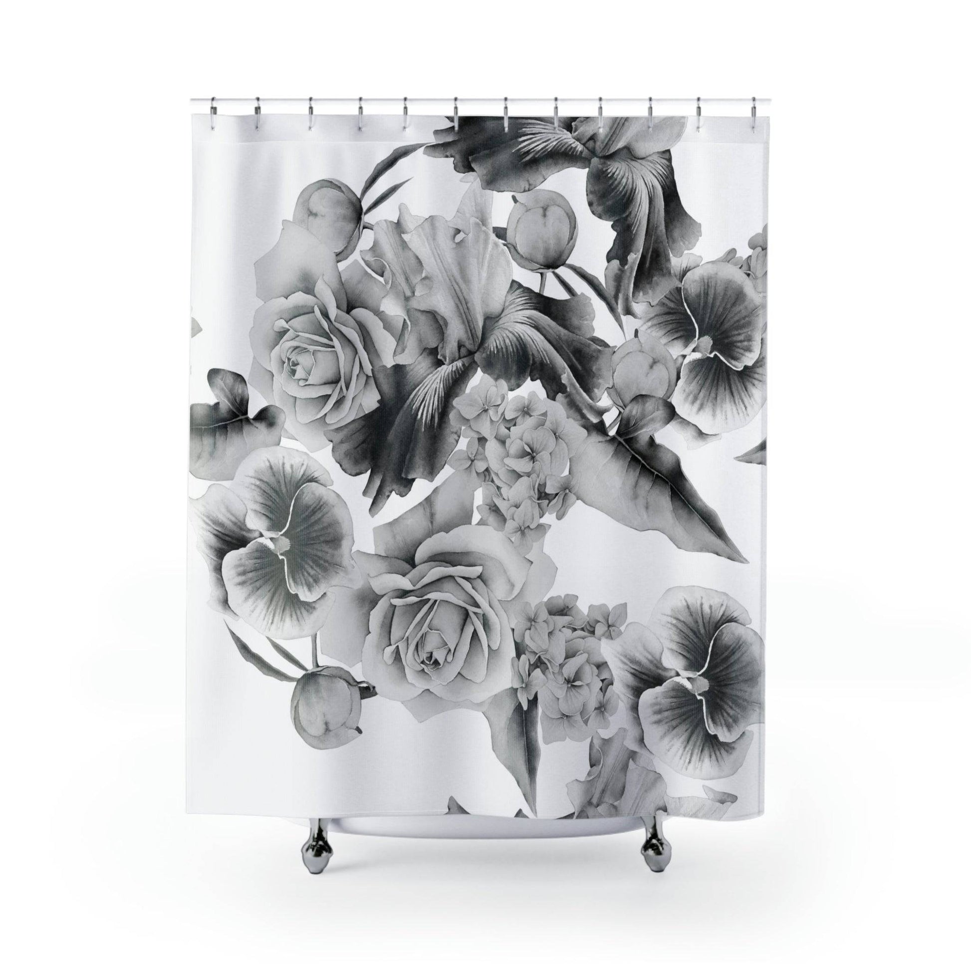 Monochrome Watercolor Flowers Shower Curtains - Expressive DeZien 