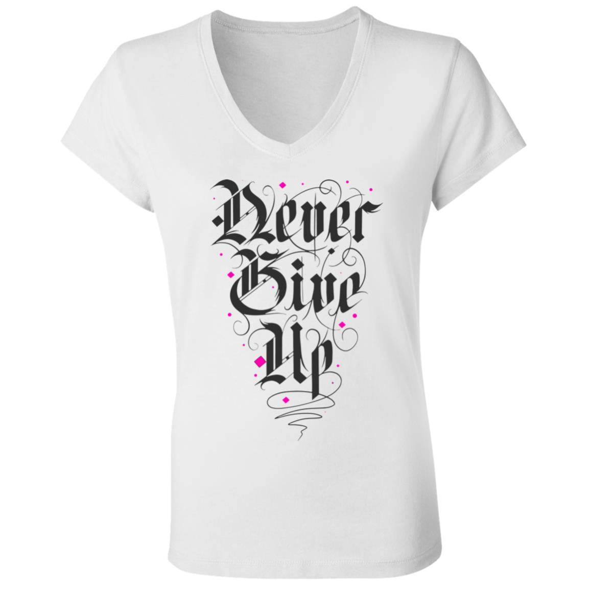 Never Give Up Ladies' Jersey V-Neck T-Shirt - Expressive DeZien 