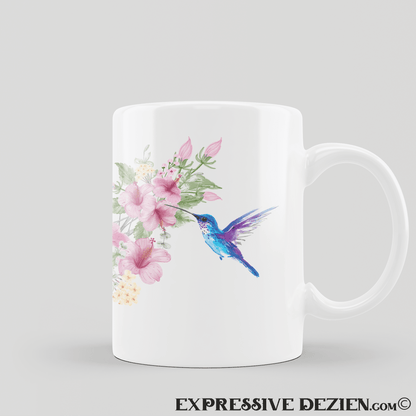 Watercolor Hibiscus and Hummingbird 15 oz. White Mug - Expressive DeZien 