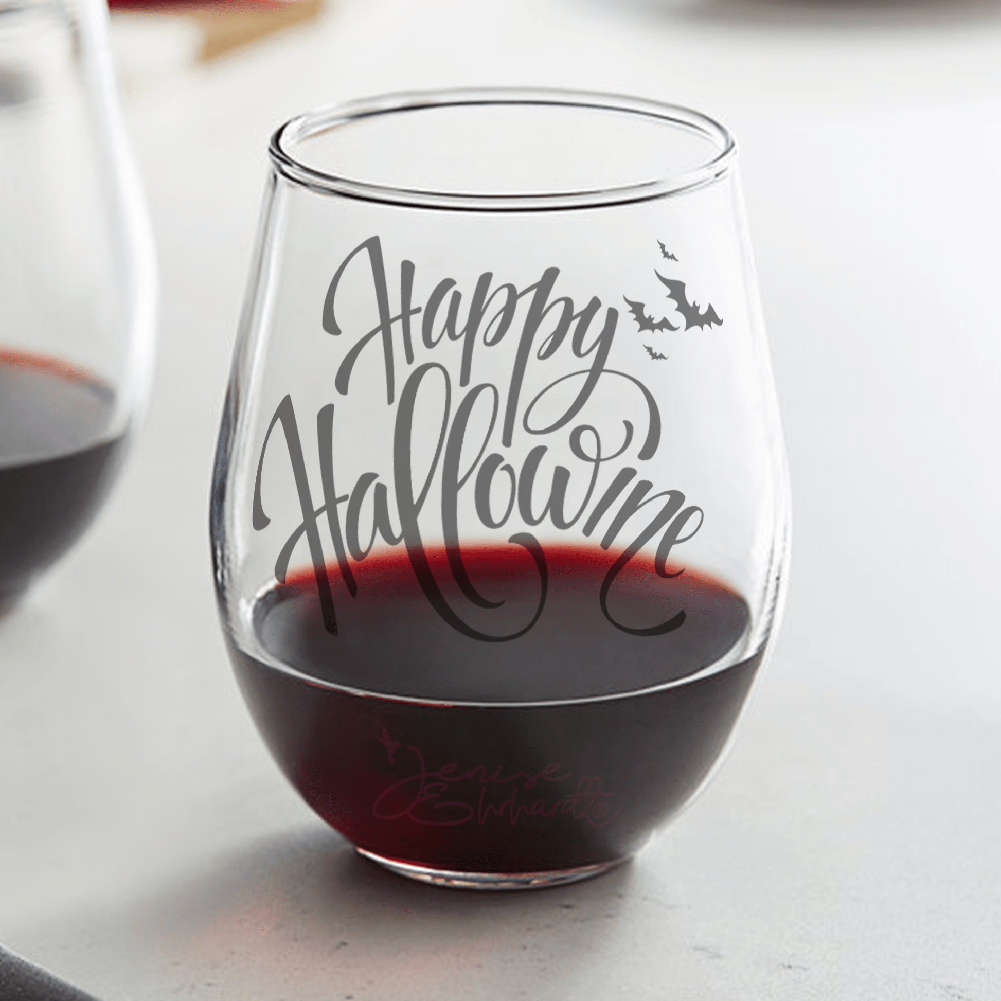 Halloween Happy HalloWINE with Bats Etched Stemless Wine Glass 20.5oz - Expressive DeZien 
