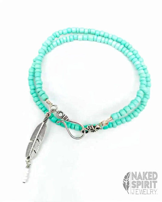 Turquoise and Silver Beaded Wrap Bracelet with Feather - Expressive DeZien 