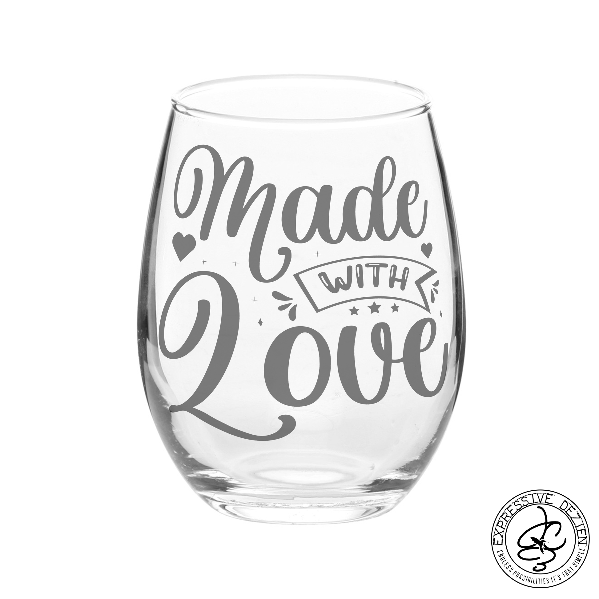 Etched Stemless Wine Glass Made with Love 20.5oz Sweetheart Valentine’s Day Gift - Expressive DeZien 