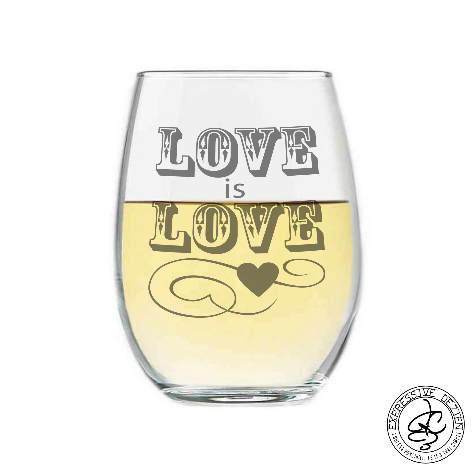Etched Stemless Wine Glass Love is Love 20.5oz Sweetheart Valentine’s Day Gift - Expressive DeZien 