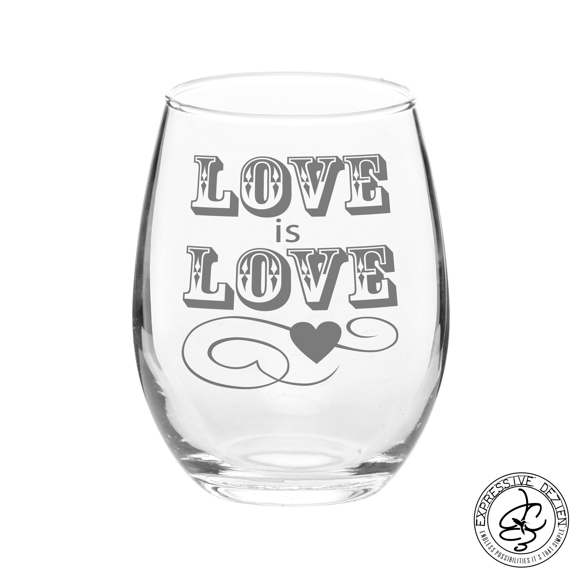 Etched Stemless Wine Glass Love is Love 20.5oz Sweetheart Valentine’s Day Gift - Expressive DeZien 