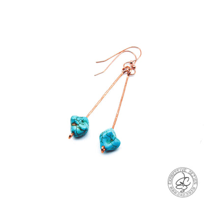 Turquoise and Hammered Copper Chunky Long Skinny Bead Dangle Earrings Native inspired and Created - Expressive DeZien 