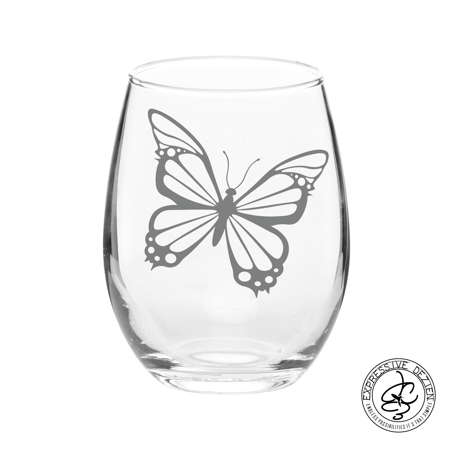 Etched Butterfly Stemless Wine Glass 20.5oz V1 - Expressive DeZien 