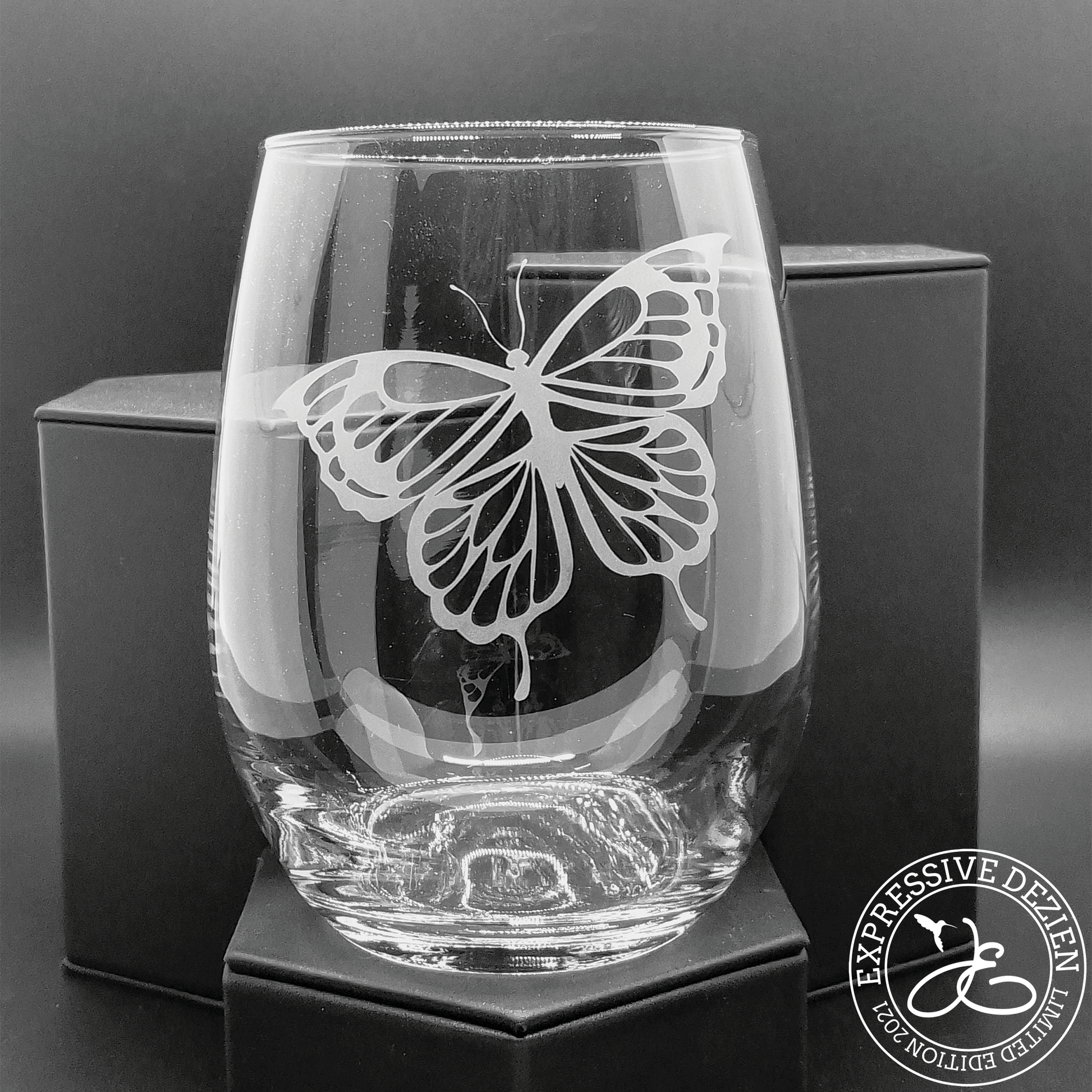 Etched Butterfly Stemless Wine Glass 20.5oz V2 – Expressive DeZien