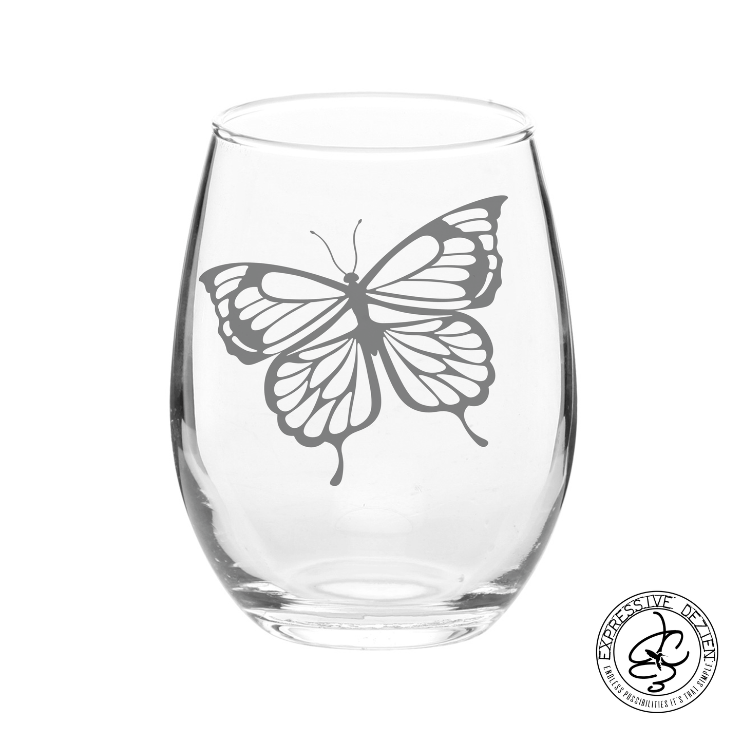 Etched Butterfly Stemless Wine Glass 20.5oz V2 - Expressive DeZien 