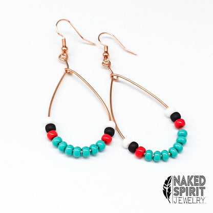 White Black Red & Turquoise Beaded Copper Hoop Earrings - Expressive DeZien 