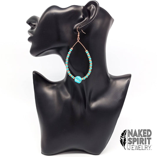 Beaded Copper & Turquoise Chunky Teardrop Hoop Earrings - Expressive DeZien 