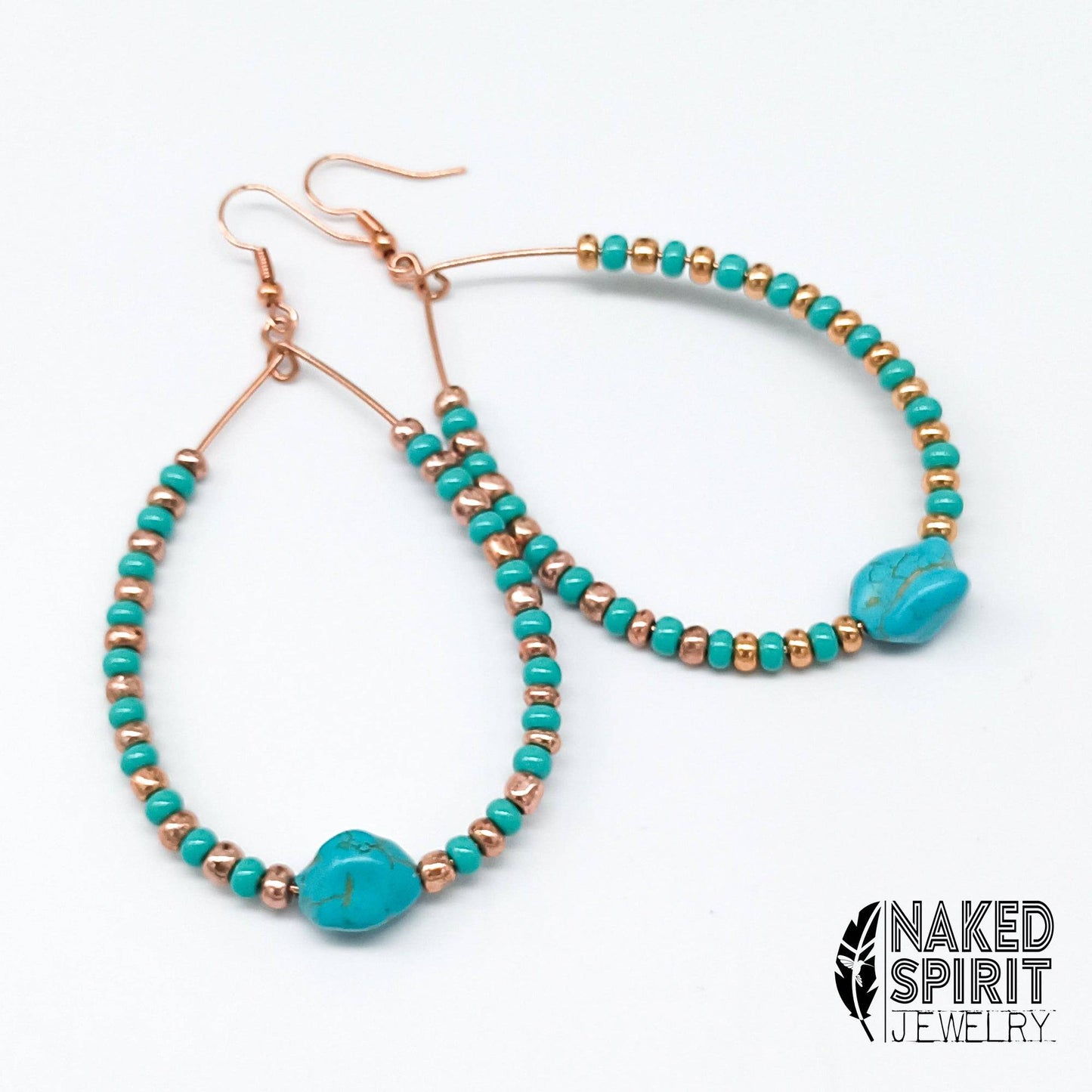 Beaded Copper & Turquoise Chunky Teardrop Hoop Earrings - Expressive DeZien 