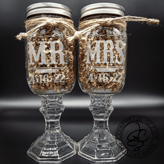 Unique Handmade Sandblasted Etched Mason Jar Toasting Glasses with Jute & Crinkle Paper Packaging - Expressive DeZien 