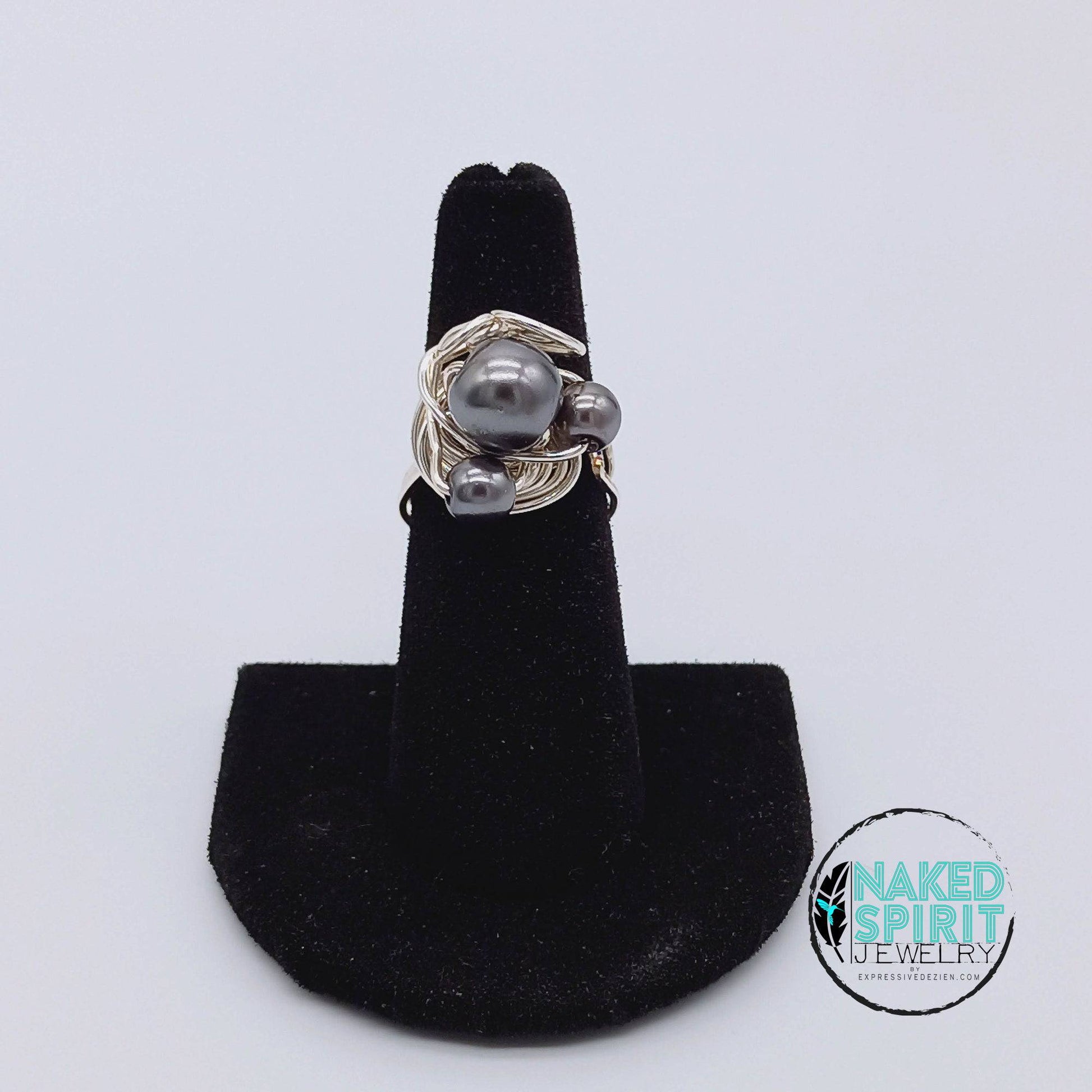 Silver Three Charcoal Bead Wrapped Ring - Expressive DeZien 