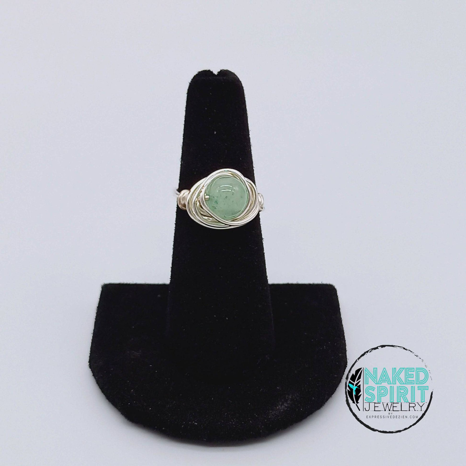 Silver Light Green Jade Bead Wrapped Ring - Expressive DeZien 