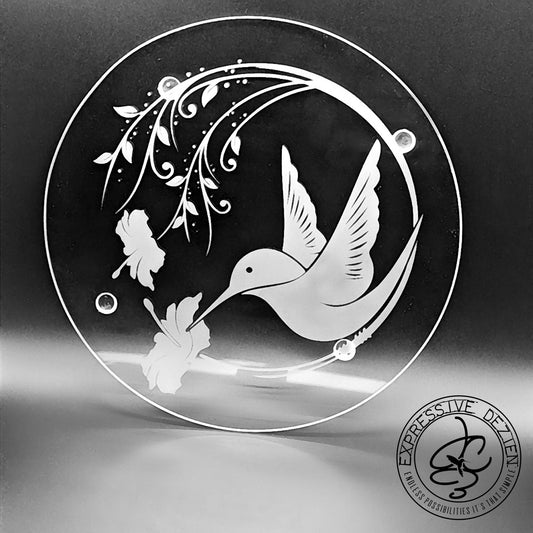 Hummingbird Circled with Morning Glories Etched & Hand Carved Glass Trivet Native inspired and created Great Gift - Expressive DeZien 