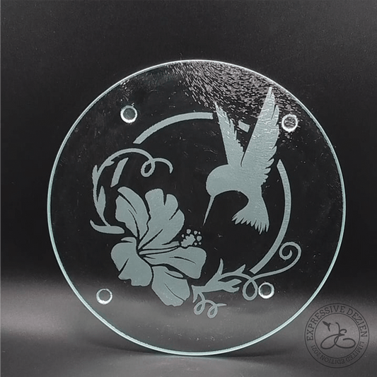 Hummingbird Circled with Hibiscus Etched & Hand Carved Glass Trivet Native inspired and created Great Gift - Expressive DeZien 