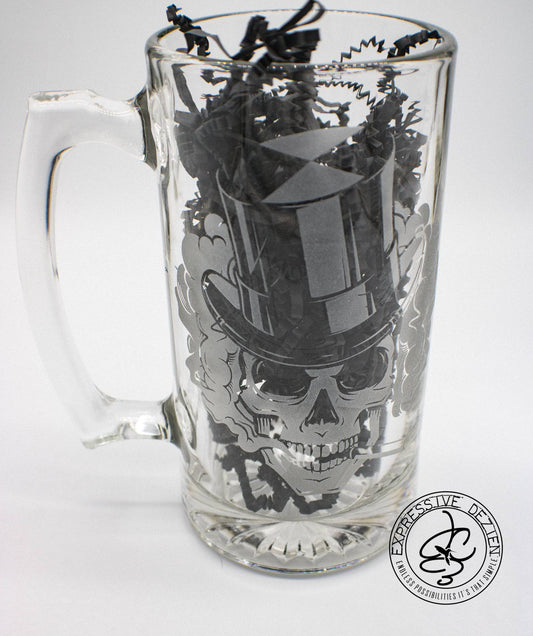 Smoking Skull Sandblast Etched Tavern Beer Mug 26.5 - Expressive DeZien 