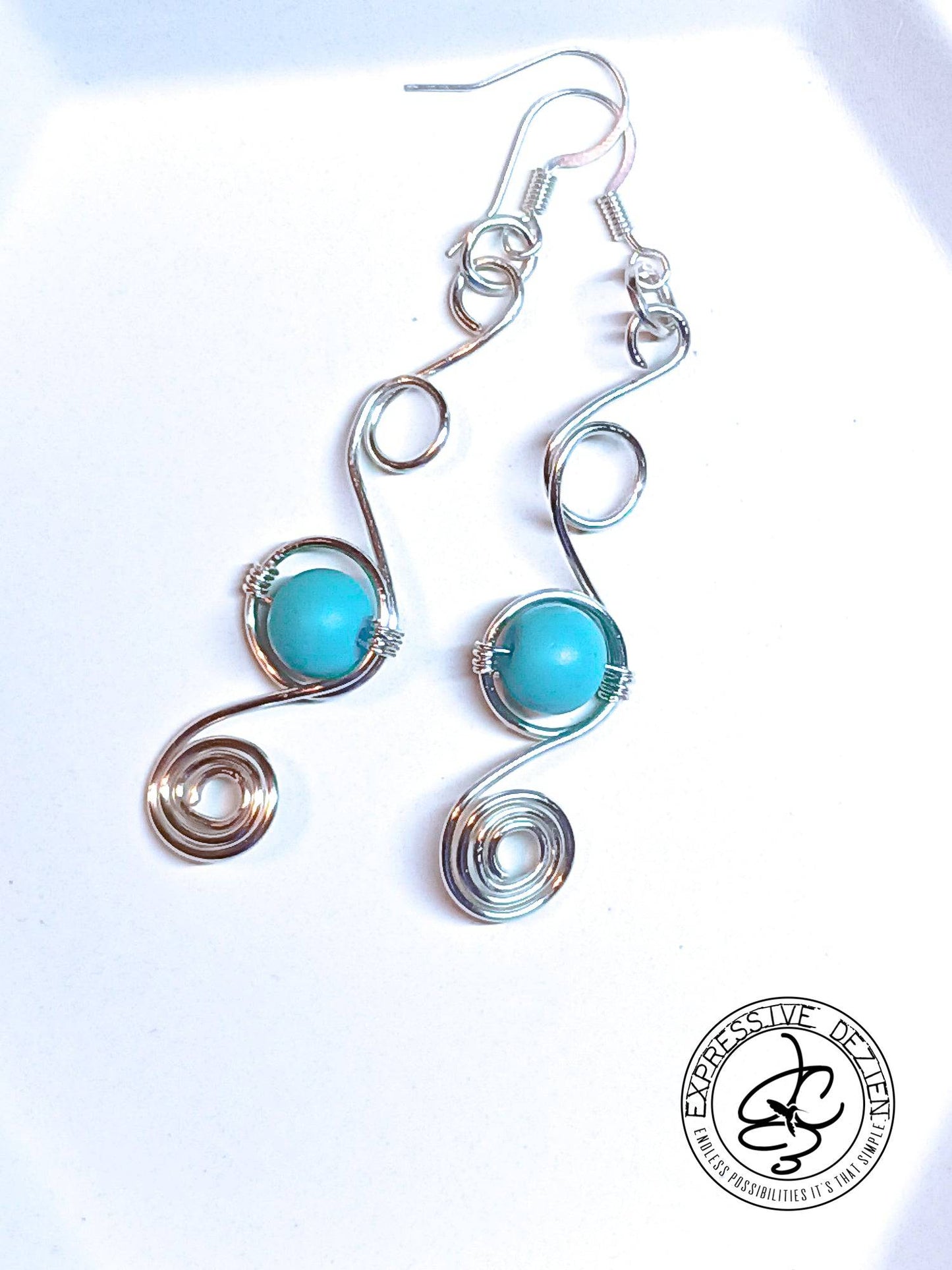 Silver Curly Swirly Dangle Earrings with Turquoise - Expressive DeZien 