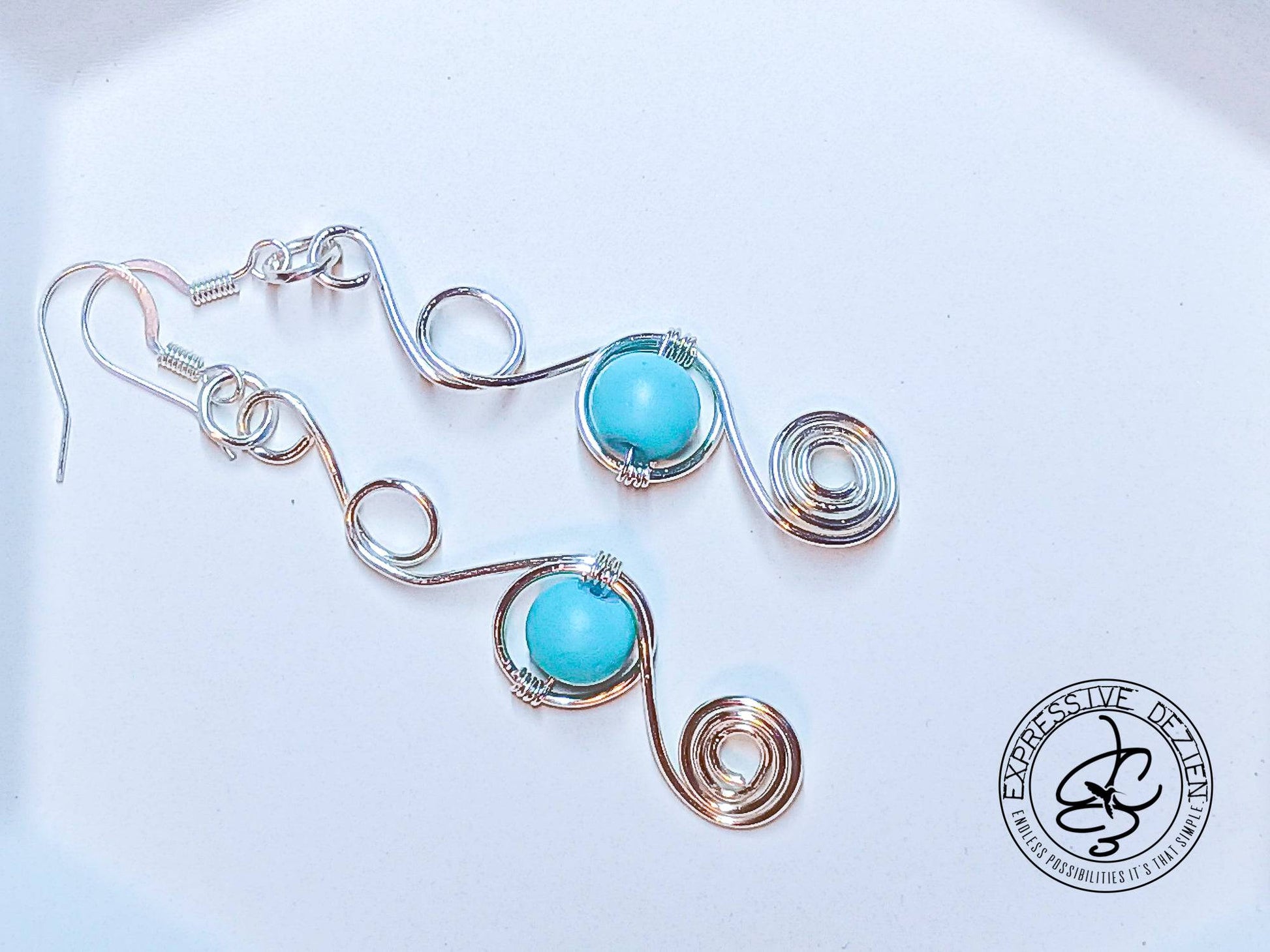 Silver Curly Swirly Dangle Earrings with Turquoise - Expressive DeZien 