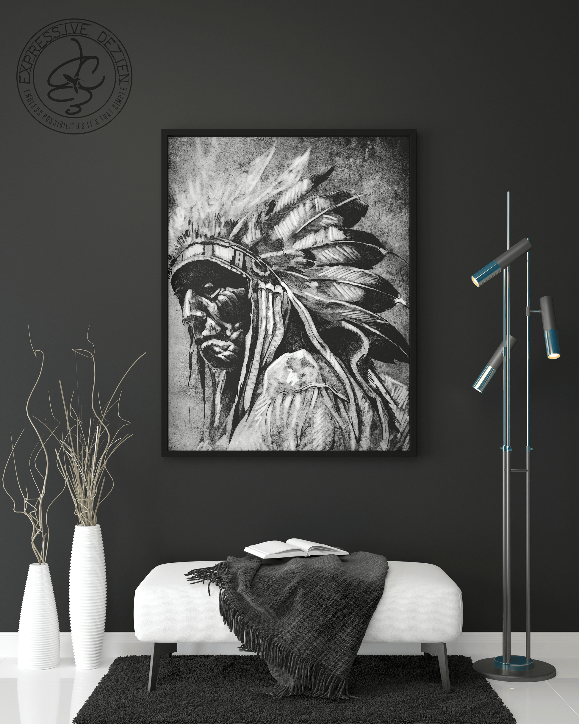 Many Steps Indigenous Chief Charcoal - Expressive DeZien 