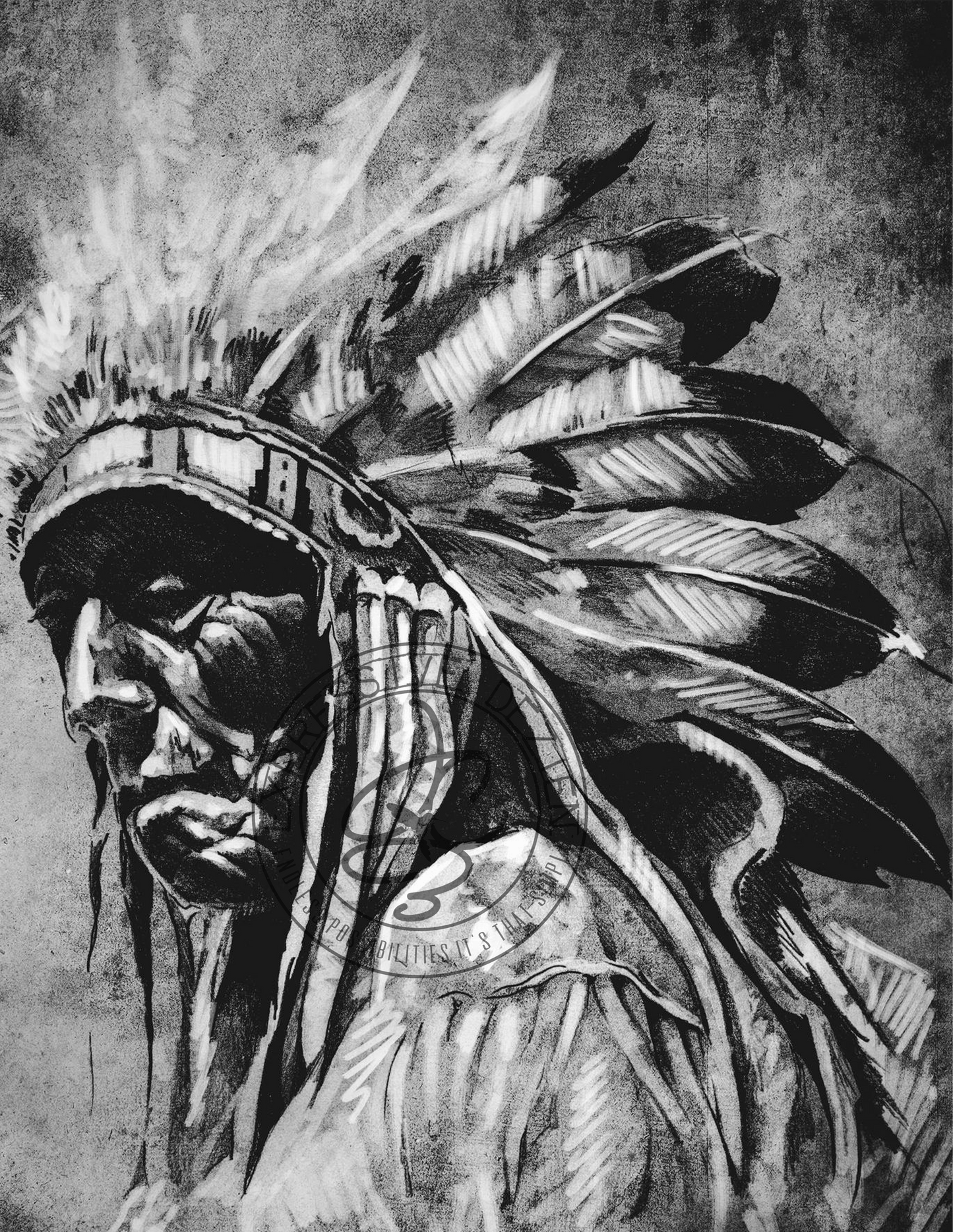 Many Steps Indigenous Chief Charcoal - Expressive DeZien 