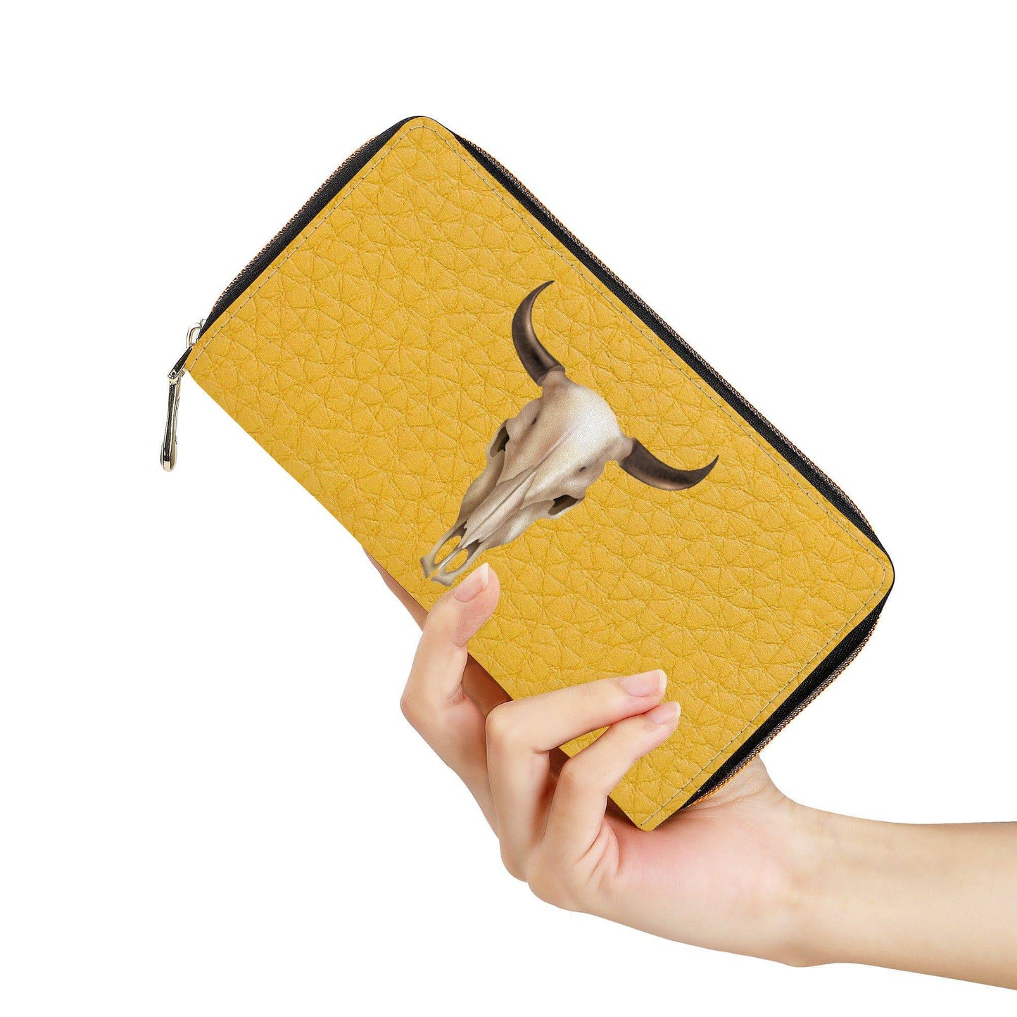 Bull Skull Yellow Leather Print Zipper Purse Clutch Billfold - Expressive DeZien 