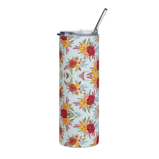 Light Blue Red Yellow Mini Roses Stainless steel tumbler - Expressive DeZien 