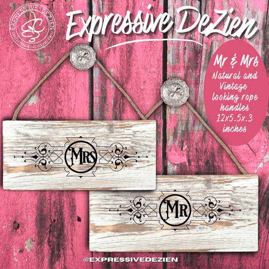 Rustic Mr & Mrs Whitewash Plank Sign with Antique Jute Handles - Expressive DeZien 